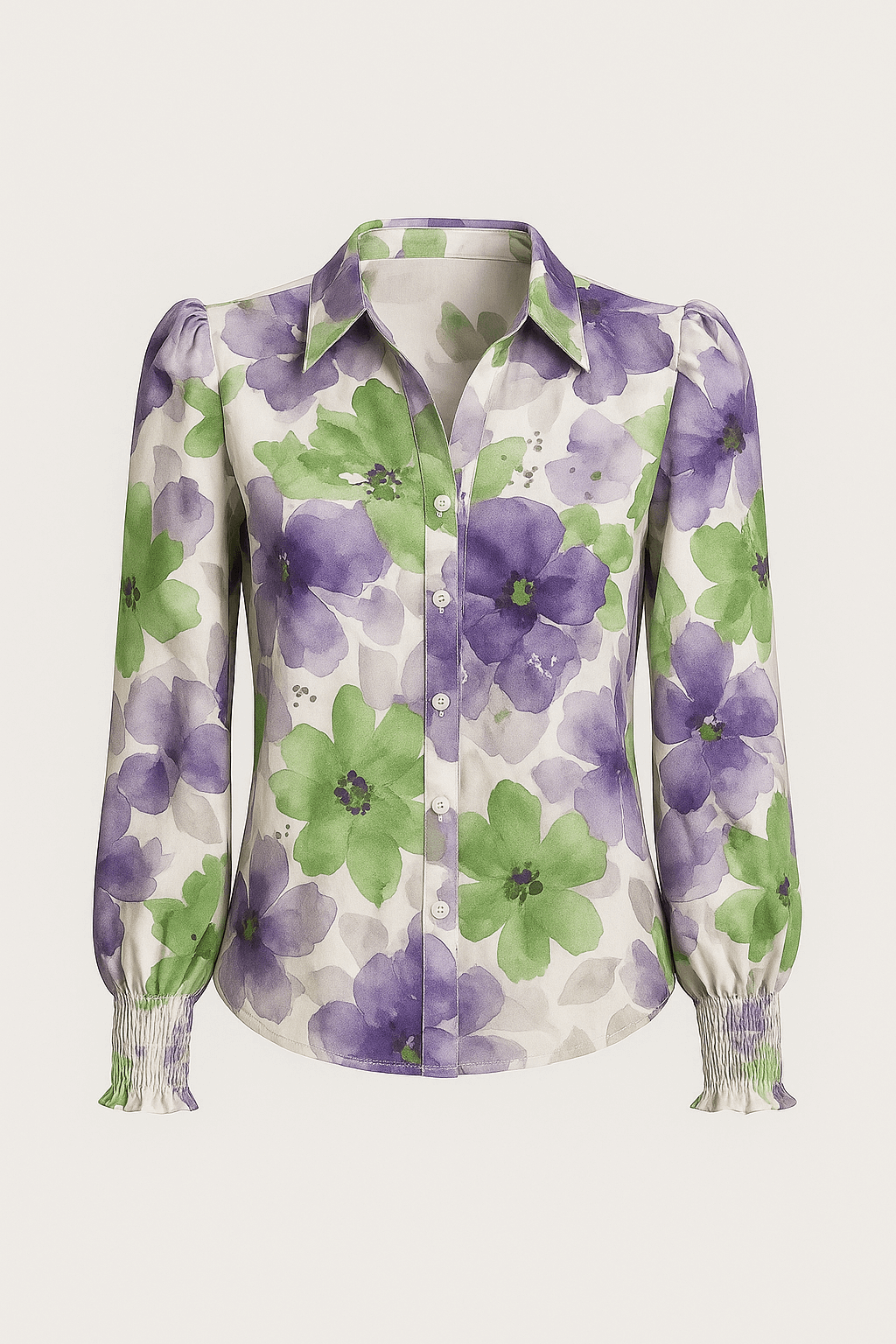 Juniper | Floral Button-Up Blouse - Puff Long Sleeves - Smocked Cuffs - Fitted Silhouette
