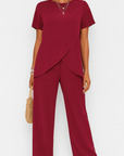 Thalia | Ribbed Lounge Set - Soft Stretch Fabric - Overlap Hem Top - Wide Leg Pants