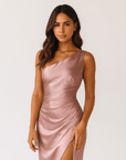 Elspeth | Women's Elegant Satin Evening Dress – One-Shoulder High Slit – Formal Gown for Wedding Guests