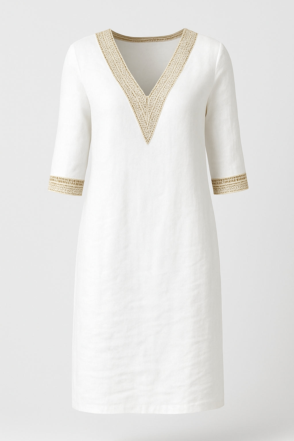 Marina | Women&#39;s Summer Linen Dress – V-Neck Lace Trim – Relaxed Fit &amp; Comfortable