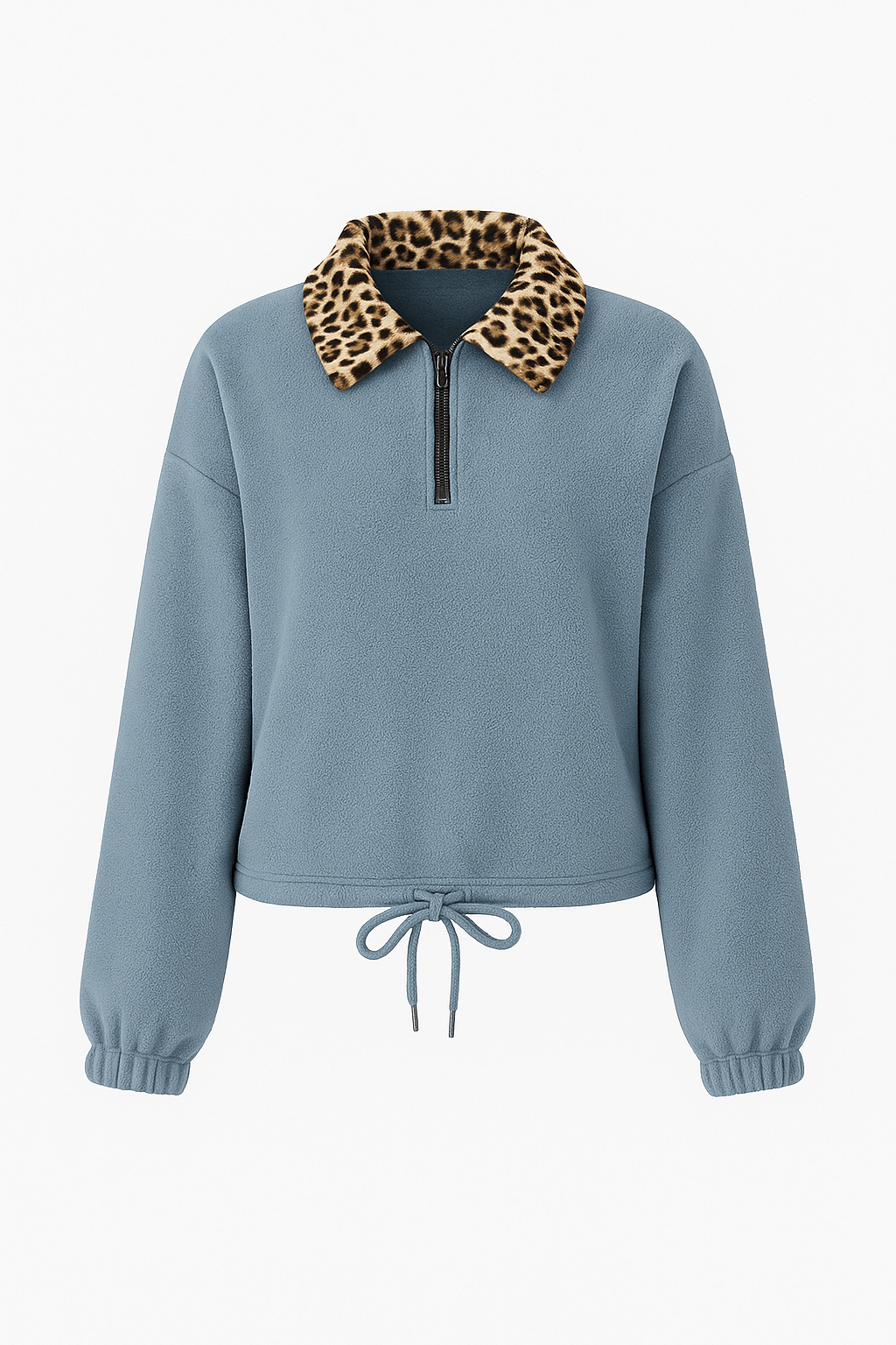 Laurel | Fleece Pullover Top - Leopard Print Collar - Half Zip Front - Adjustable Drawstring Hem