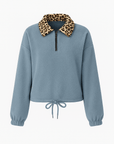 Laurel | Fleece Pullover Top - Leopard Print Collar - Half Zip Front - Adjustable Drawstring Hem