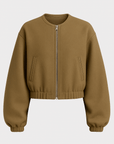 Clementine | Zip-Up Wool Bomber Jacket - Elastic Hem - Side Welt Pockets - Balloon Sleeves        Formulează o solicitare către ChatGPT