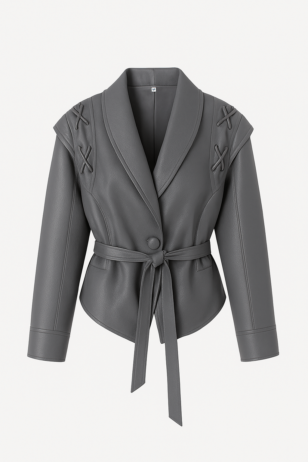 Taliyah | Faux Leather Wrap Jacket - Lace-Up Shoulder Detail - Tie Waist Belt - Shawl Collar