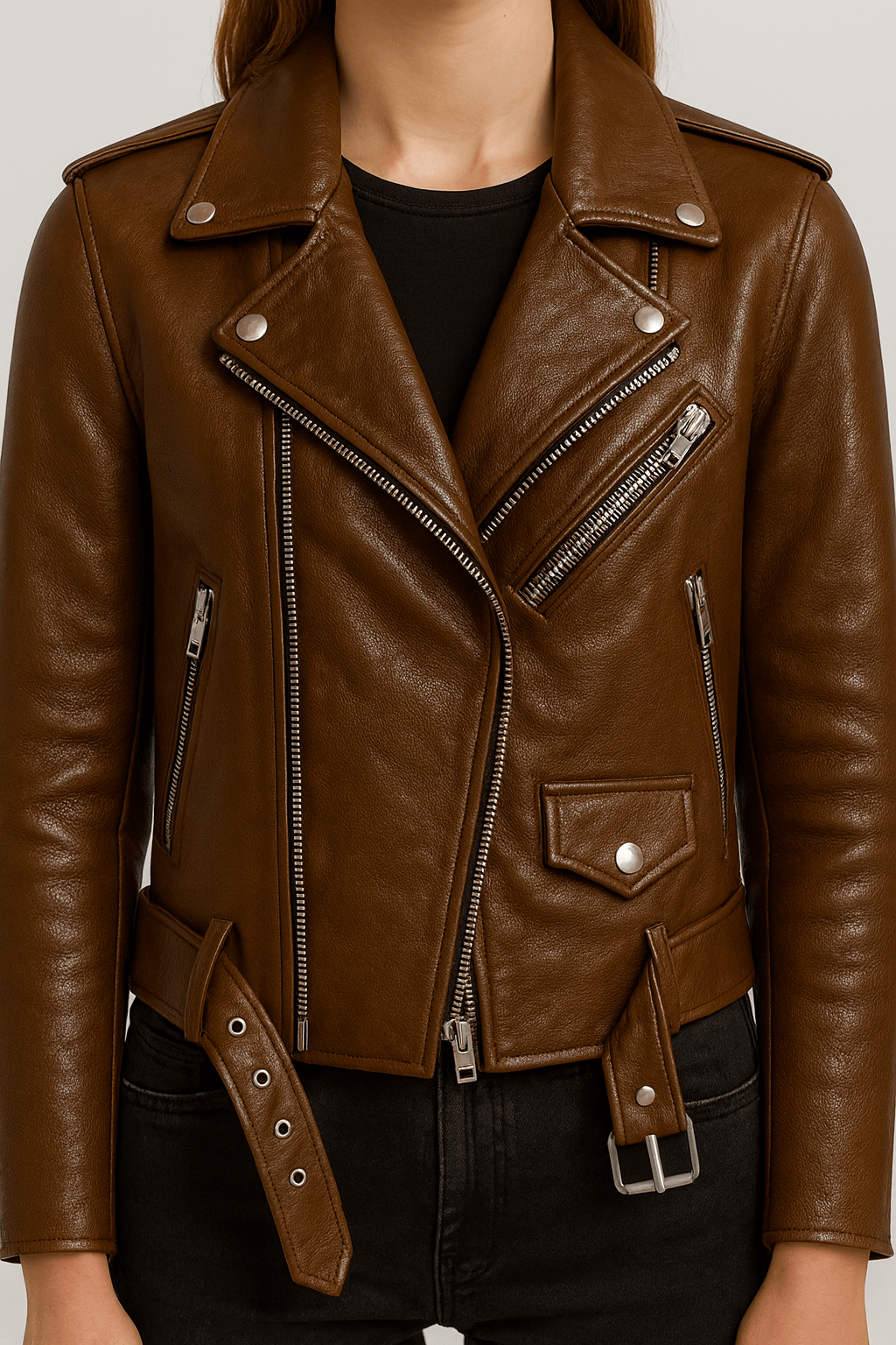 Pauline | Women&#39;s Leather Jacket – Vintage Style with Zipper Closure – Timeless &amp; Versatile