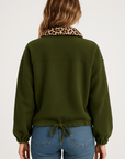 Laurel | Fleece Pullover Top - Leopard Print Collar - Half Zip Front - Adjustable Drawstring Hem
