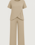 Thalia | Ribbed Lounge Set - Soft Stretch Fabric - Overlap Hem Top - Wide Leg Pants
