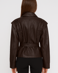 Taliyah | Faux Leather Wrap Jacket - Lace-Up Shoulder Detail - Tie Waist Belt - Shawl Collar