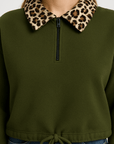 Laurel | Fleece Pullover Top - Leopard Print Collar - Half Zip Front - Adjustable Drawstring Hem