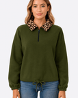 Laurel | Fleece Pullover Top - Leopard Print Collar - Half Zip Front - Adjustable Drawstring Hem
