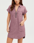 Violet | Women’s Denim Shirt Dress - Front Zip Closure - Rolled Short Sleeves