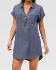 Violet | Women’s Denim Shirt Dress - Front Zip Closure - Rolled Short Sleeves