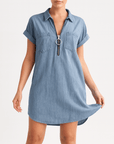 Violet | Women’s Denim Shirt Dress - Front Zip Closure - Rolled Short Sleeves